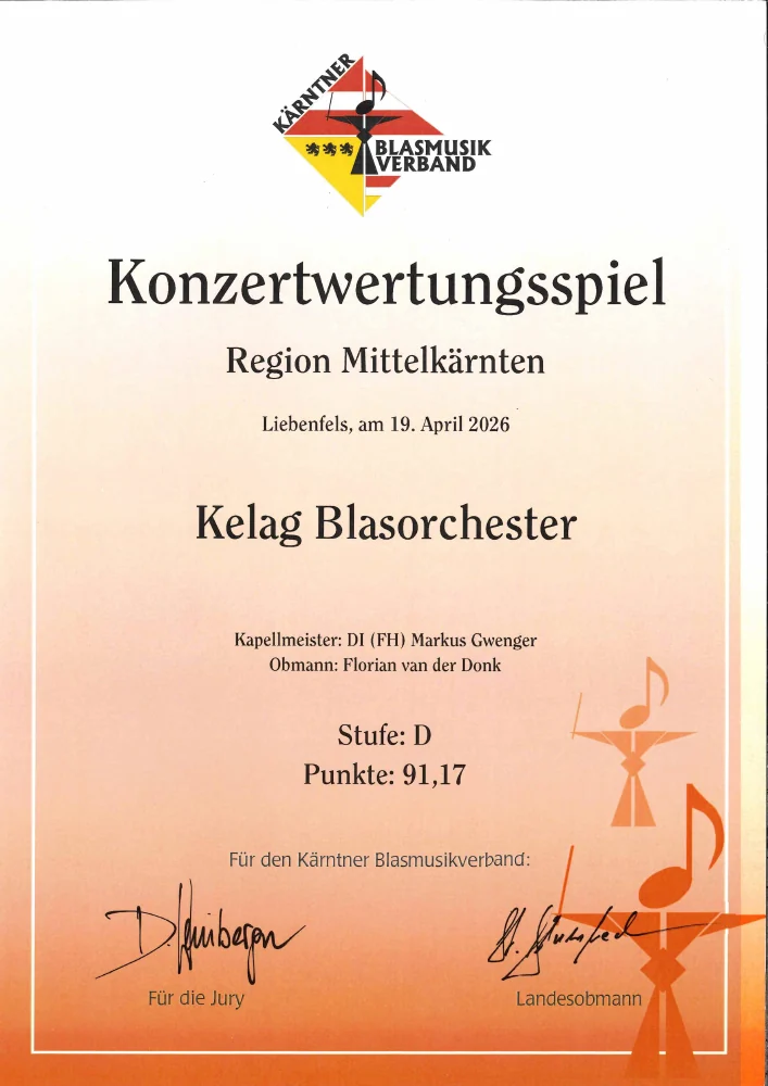 Urkunde: 91,17 Punkte, ausgezeichnete musikalische Leistung, Konzertwertung Mittelkärnten 2026, Leistungsstufe D